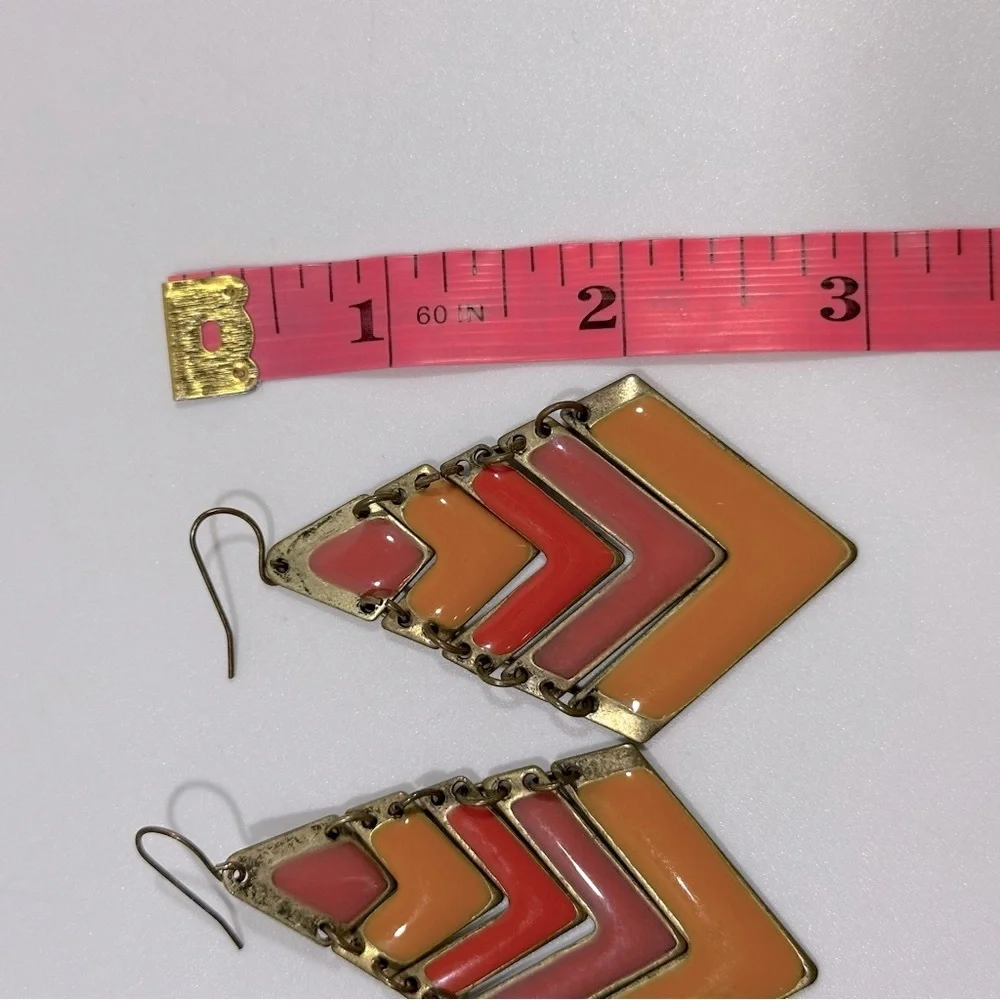 Vintage Enamel Geometric Chevron Dangle Earrings Red Pink Orange